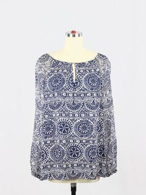 TORY BURCH Lisa Navy Blue Print Silk Georgette Tunic Blouse Top, Size 6